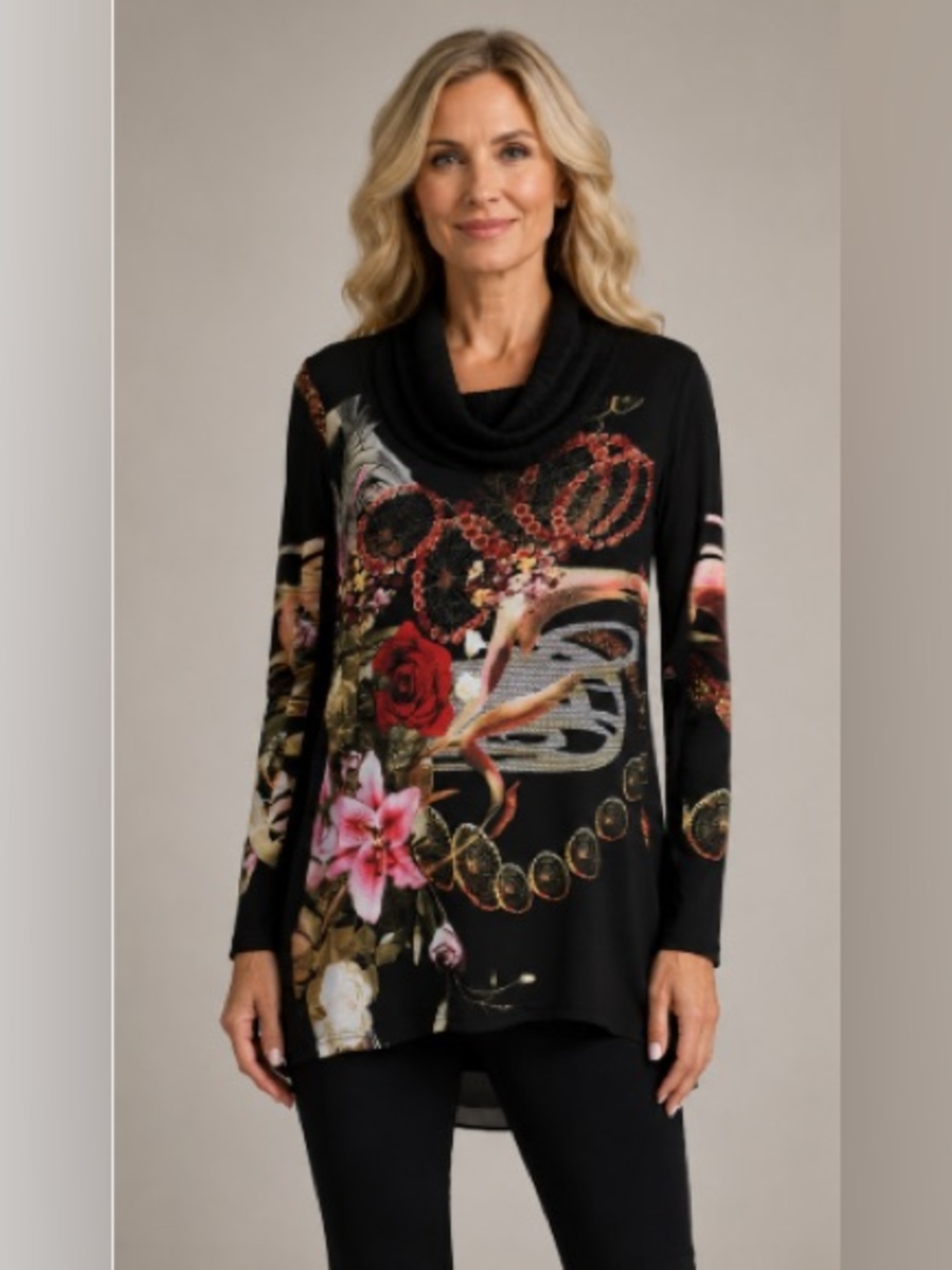 Joseph Ribkoff Black Floral Cowl Neck Tunic with Pink & Red Blooms